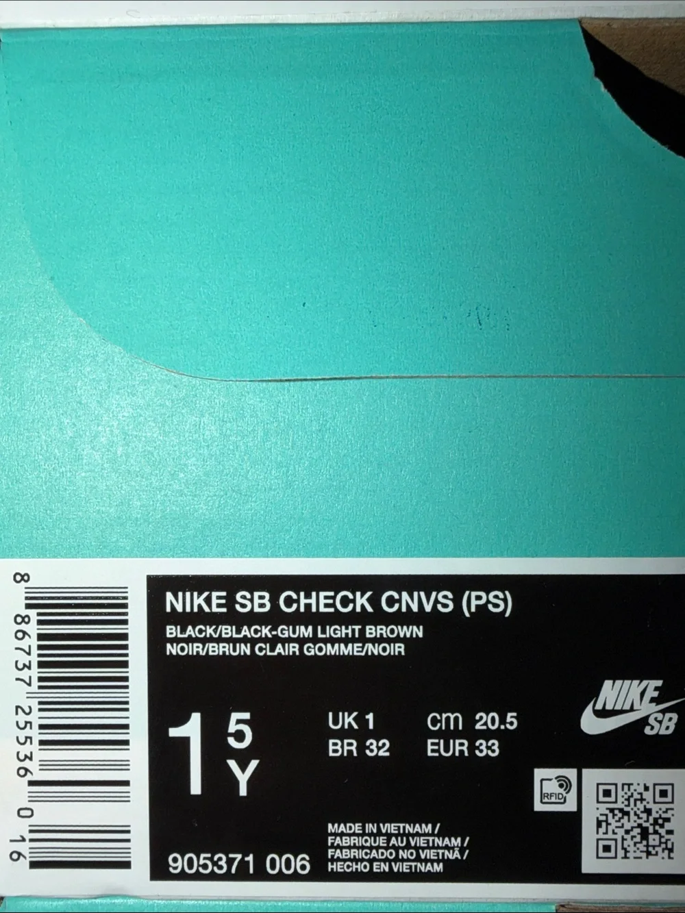 Nike SB Check Canvas PS Black Light Brown 905371-006 Size 1.5Y